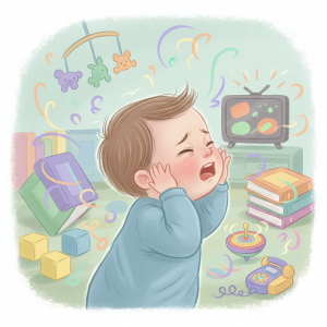 Baby showing signs of overstimulation with bright lights causing crying