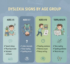 Complete age-by-age checklist of dyslexia signs in children infographic