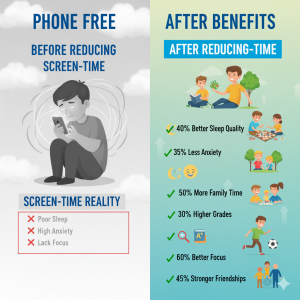 Infographic showing research-backed benefits of phone free teens including better sleep and grades