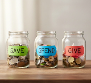 Three-jar money allocation system save spend give teaching kids money budgeting
