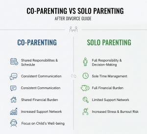 comparison graphic co-parenting vs solo parenting after divorce for single parent after divorce guide