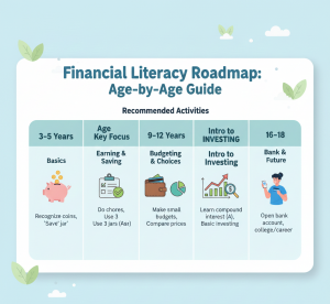 Summary age-by-age guide table for teaching kids money skills