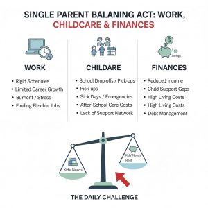 infographic showing daily struggles of single parent after divorce balancing work childcare and finances