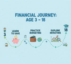 Teaching kids money roadmap ages 3-18 infographic