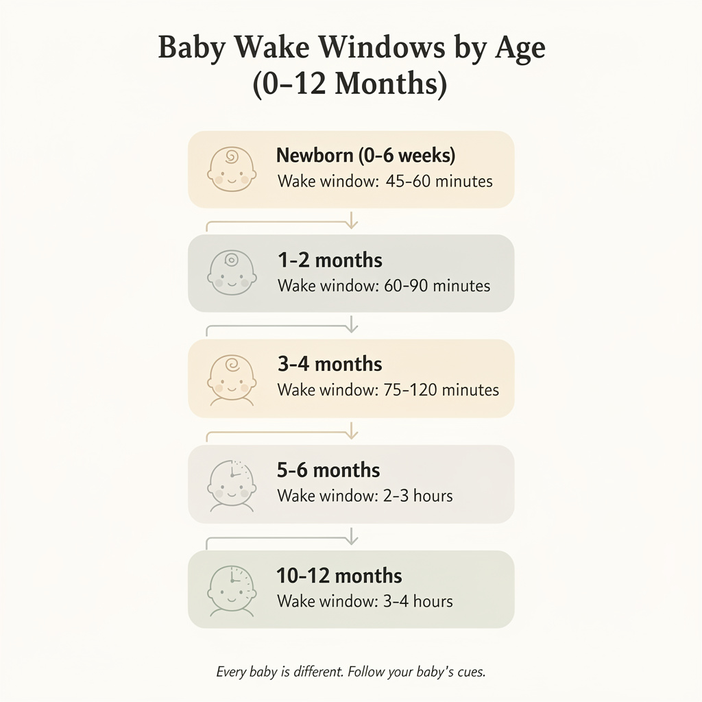 Baby wake windows by age chart showing awake time ranges from newborn to 12 months