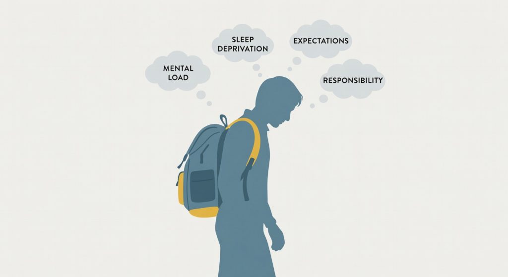 Illustration showing emotional exhaustion and mental load causing parental burnout