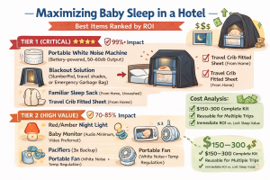 portable baby sleep kit for hotel travel including white noise machine and blackout solution