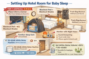 how to set up a hotel room for baby sleep with crib placement and white noise