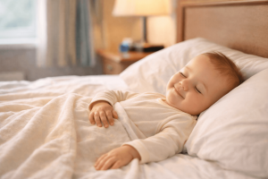 well-rested baby after successful sleep in a hotel while traveling