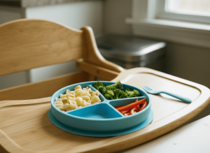 Toddler plate with safe food and new foods supporting pressure free eating