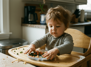 Two year old toddler asserting independence by refusing food at mealtime