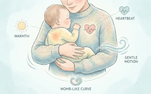 Illustration explaining the biology behind why a baby won’t sleep unless held