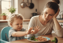 Frustrated toddler won't eat anything from colorful dinner plate while parent watches concerned