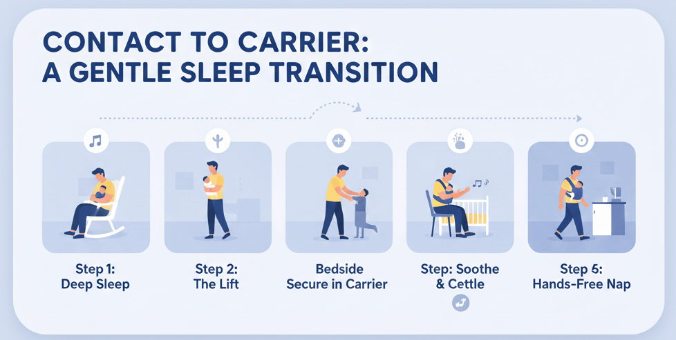 Baby sleeping in carrier transitioning from contact napping for baby won't sleep unless held