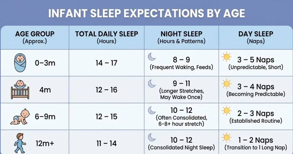 Table showing baby sleep stages by age and challenges including baby won't sleep unless held