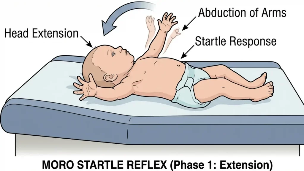 Diagram showing newborn Moro reflex startle response why baby won't sleep unless held