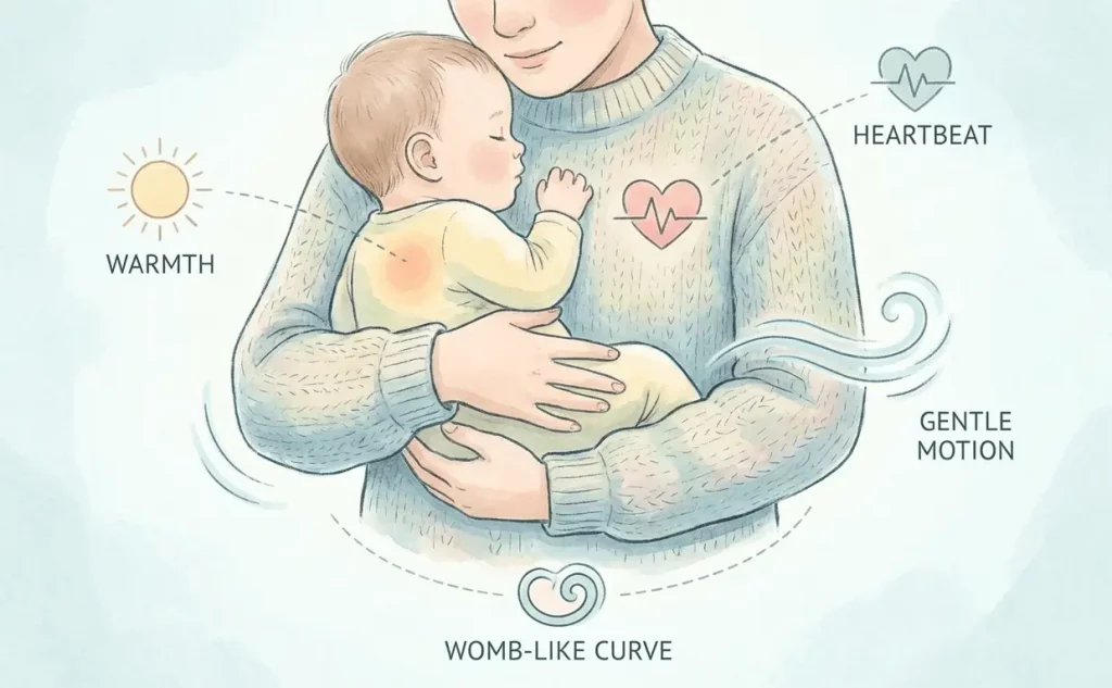 Father holding sleeping newborn showing why baby won't sleep unless held with warmth heartbeat and gentle motion