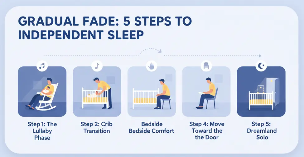Illustration showing gradual fade baby sleep training steps for baby won't sleep unless held