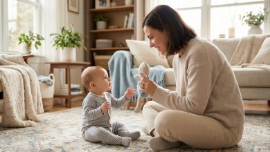 Baby wake windows by age showing an alert baby spending calm awake time with a parent