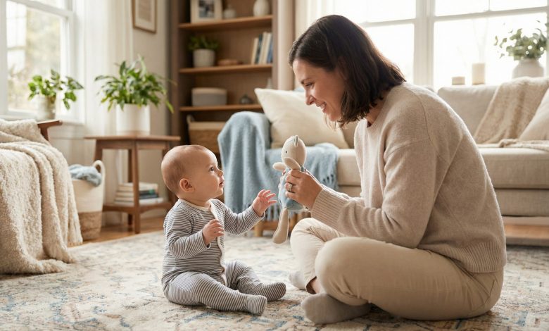Baby wake windows by age showing an alert baby spending calm awake time with a parent