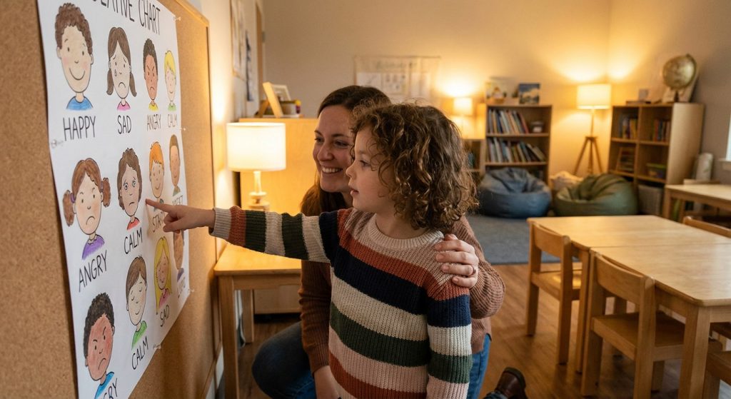 School-age child using a feelings chart to regulate emotions
