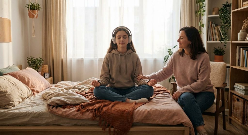 Teenager practicing mindfulness with parent support