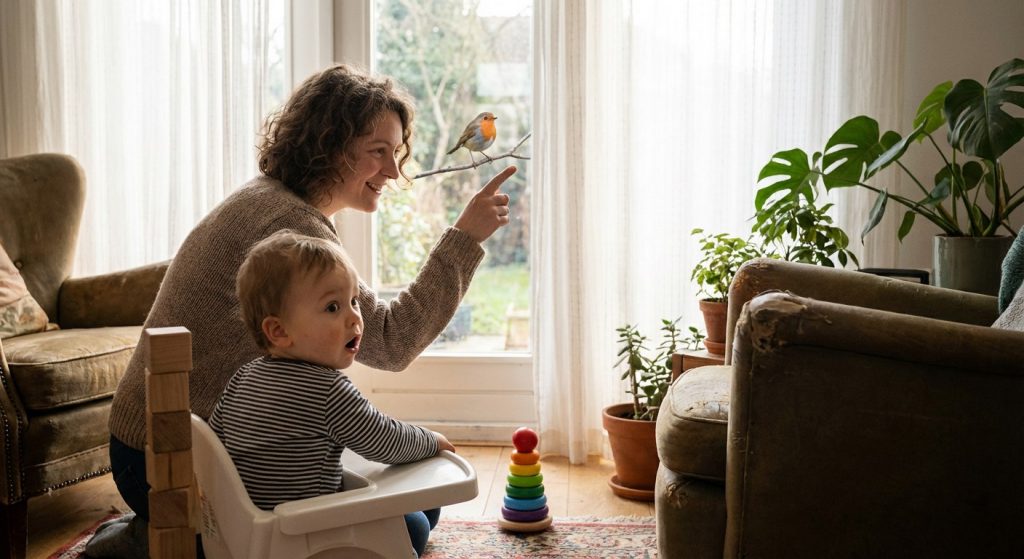 Parent redirecting toddler’s attention to a bird outside