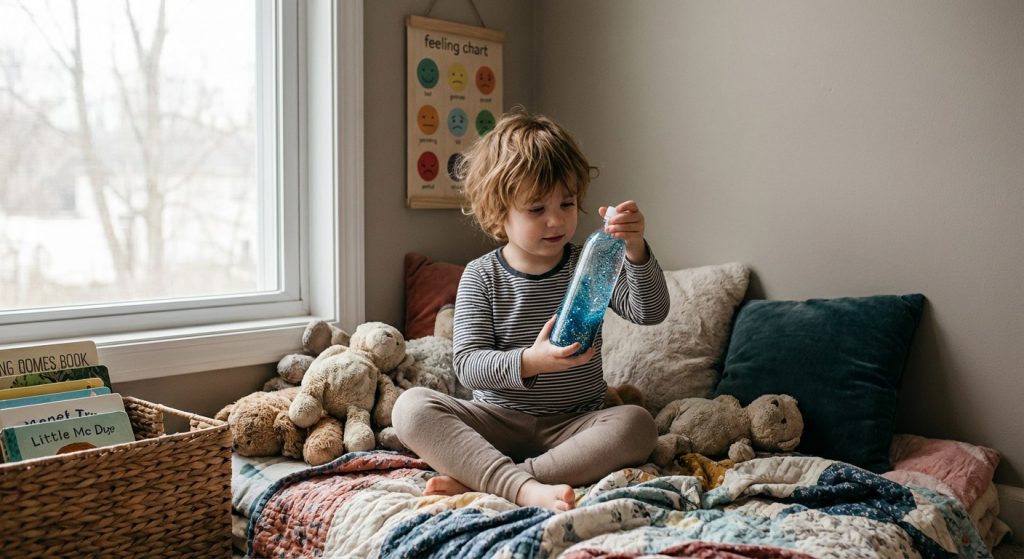 Preschooler sitting in calm-down corner with pillows and sensory tools, having toddler tantrums