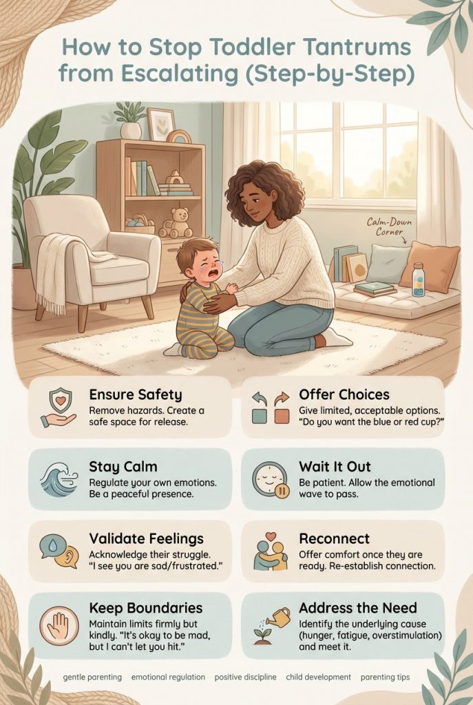 Parent guiding toddler calmly during tantrum