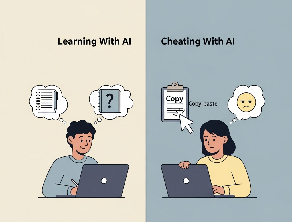 Visual comparison showing ethical vs unethical use of ChatGPT for homework, highlighting learning versus cheating.