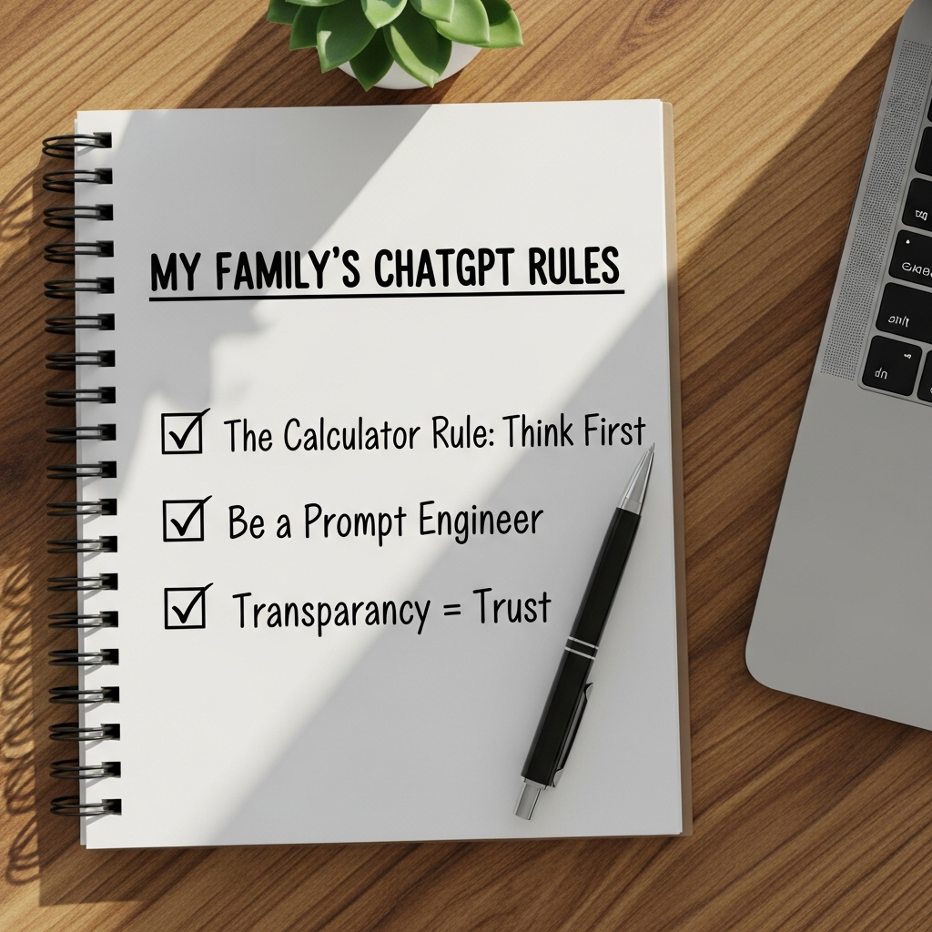 A handwritten checklist in a notebook showing the 3-step framework for using ChatGPT for homework responsibly: Calculator Rule, Prompt Engineering, and Transparency.