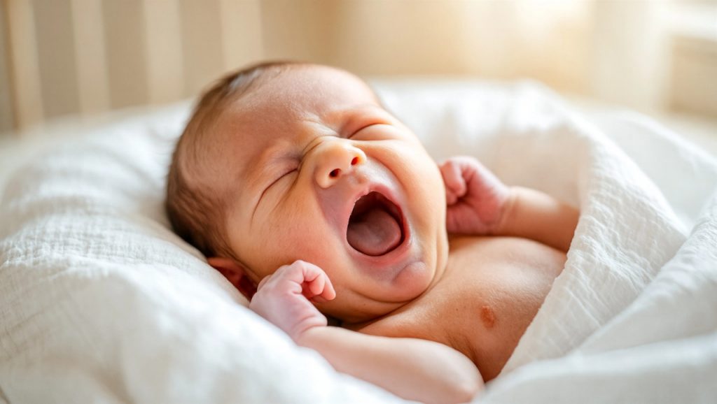 Newborn baby yawning — signs of tiredness in newborn sleep schedule
