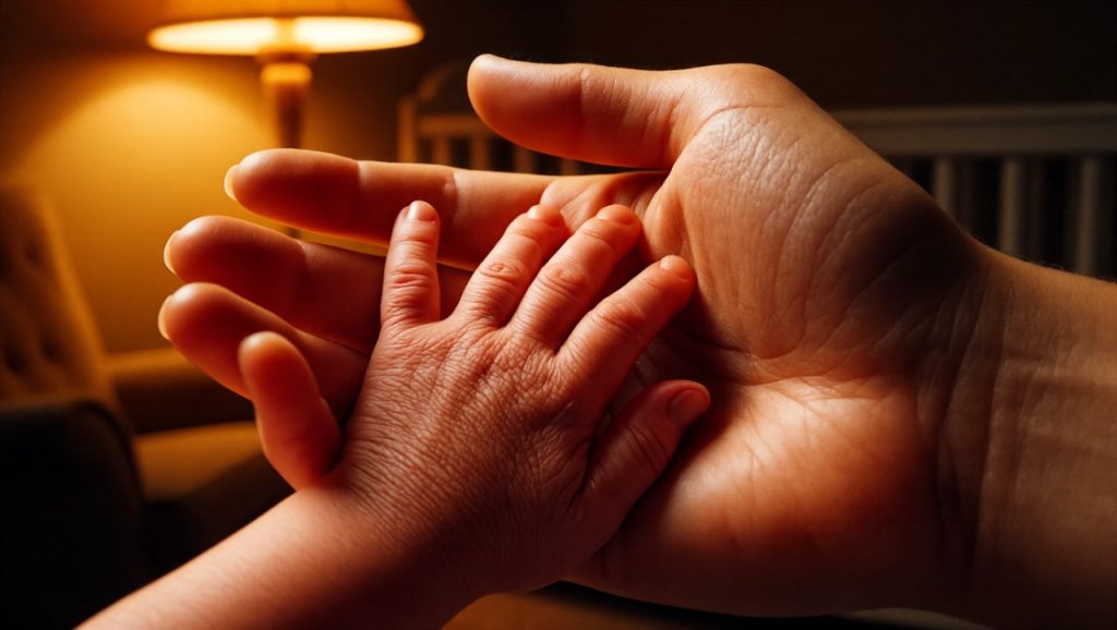 Parent holding newborn hand at night