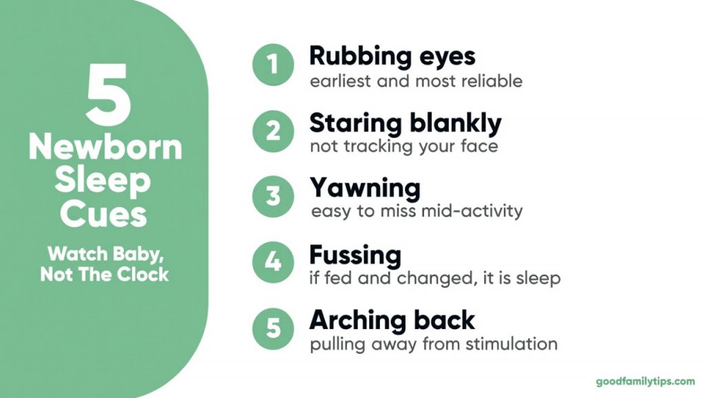 5 newborn sleep cues infographic — signs baby is ready to sleep