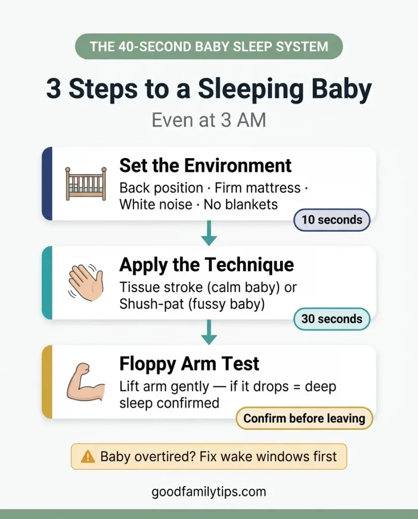 how to put baby to sleep in 40 seconds — 
3 step system chart environment technique floppy arm test