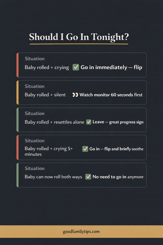 decision guide for baby rolls onto stomach can't roll back - 
when to go in and flip baby at night safe sleep