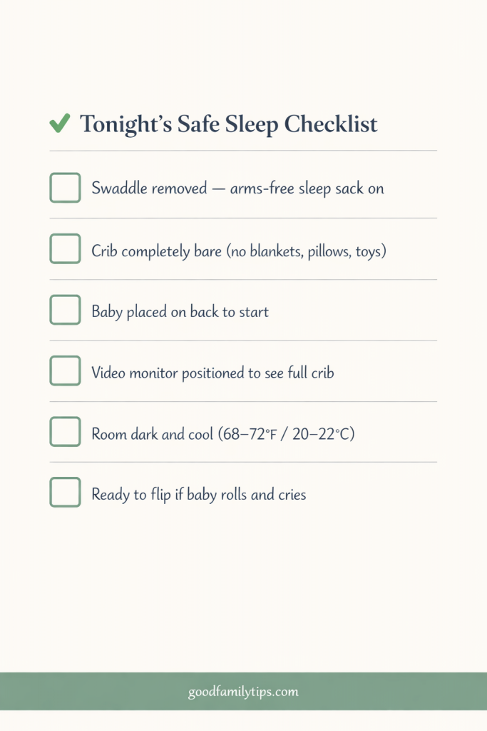 safe sleep checklist for baby who rolls onto stomach can't roll back - 
swaddle removed bare crib video monitor ready