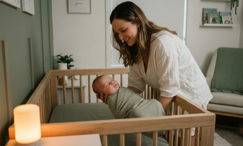 An exhausted but relieved mom successfully learning how to transfer sleeping baby to crib without waking them in a cozy nursery.
