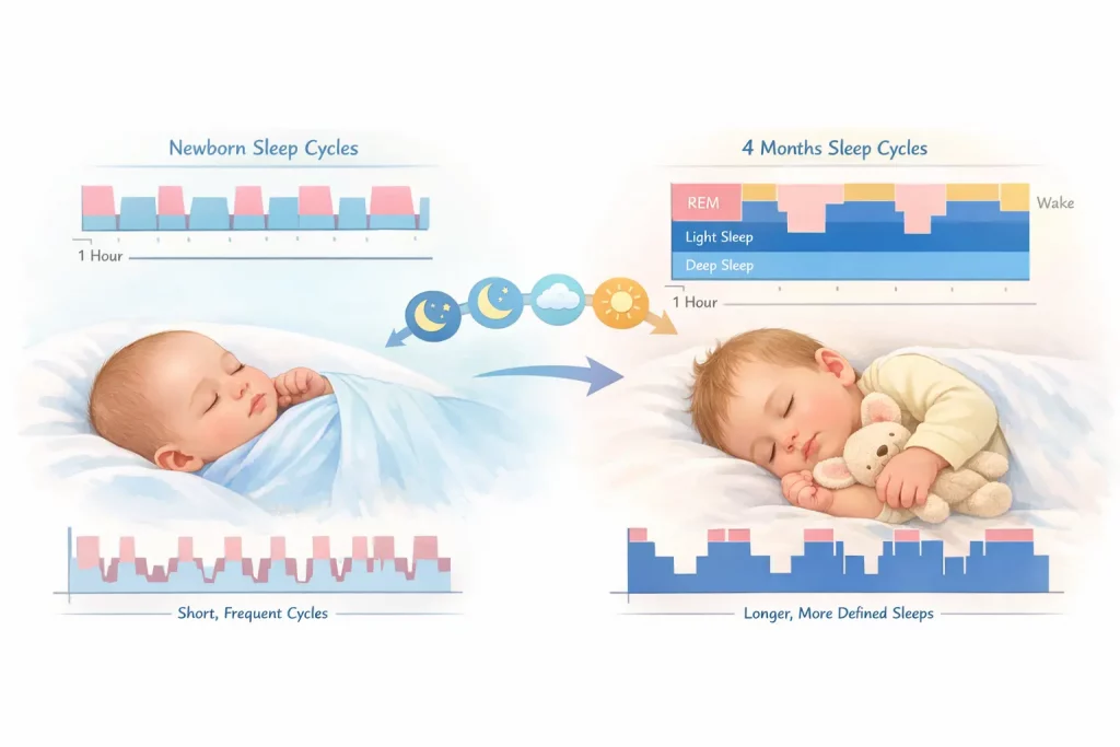4 month old won't sleep unless held because sleep cycles change at 4 months