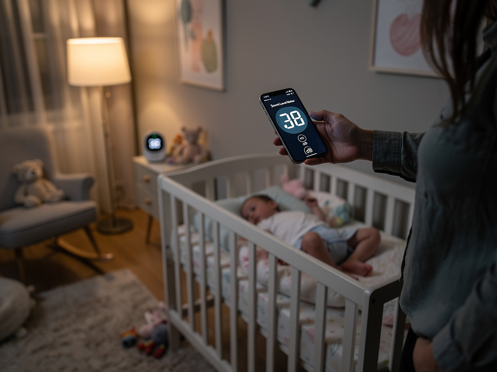 Measuring safe baby sleep sounds with a decibel meter app.