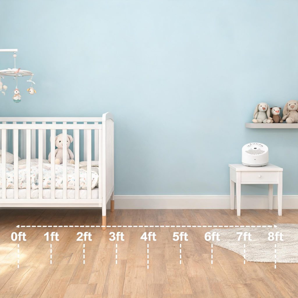 Safe placement of white noise for baby sleep according to AAP guidelines.