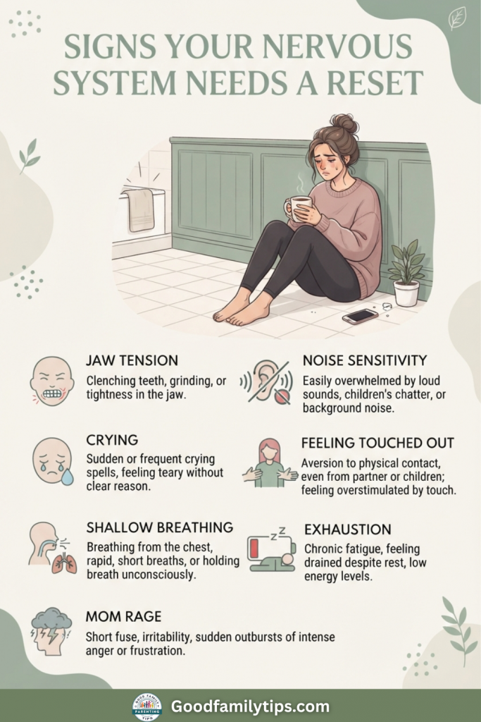Nervous system regulation for moms checklist infographic showing common signs of nervous system overload including mom rage, exhaustion, and feeling touched out.