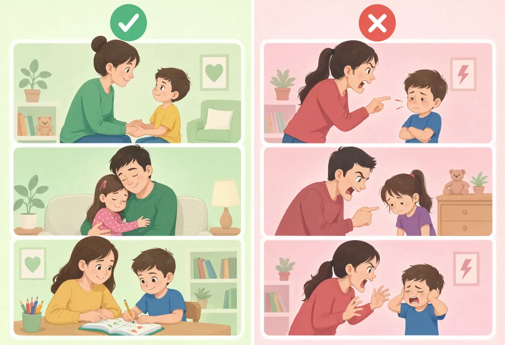 Toddler hitting and biting strategies showing effective parenting versus ineffective responses.