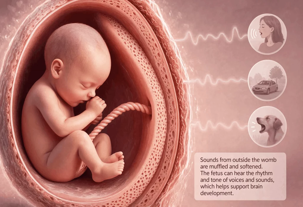 Illustration explaining why white noise for baby sleep feels familiar to newborns.