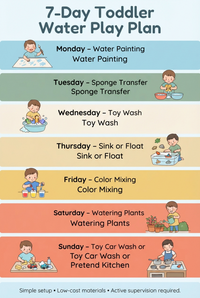 Seven-day toddler water play plan with simple backyard activities for each day