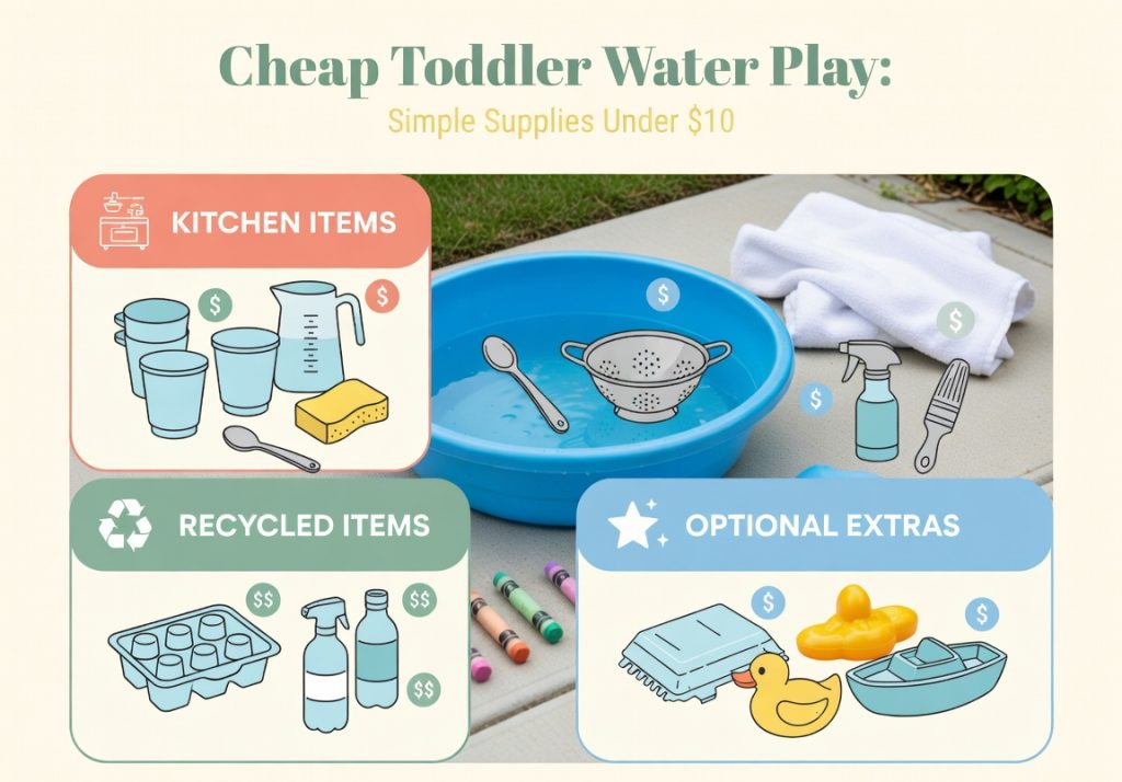 Cheap toddler water play supplies including a basin, cups, sponge, colander, spray bottle, and recycled containers