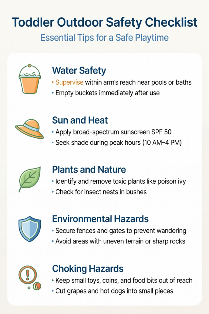 toddler outdoor safety checklist for water sun heat and choking hazards