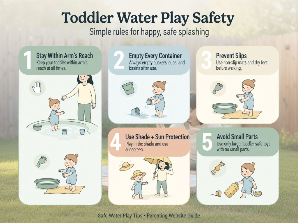 Toddler water play safety tips including active supervision, emptying containers, sun protection, and preventing slips
