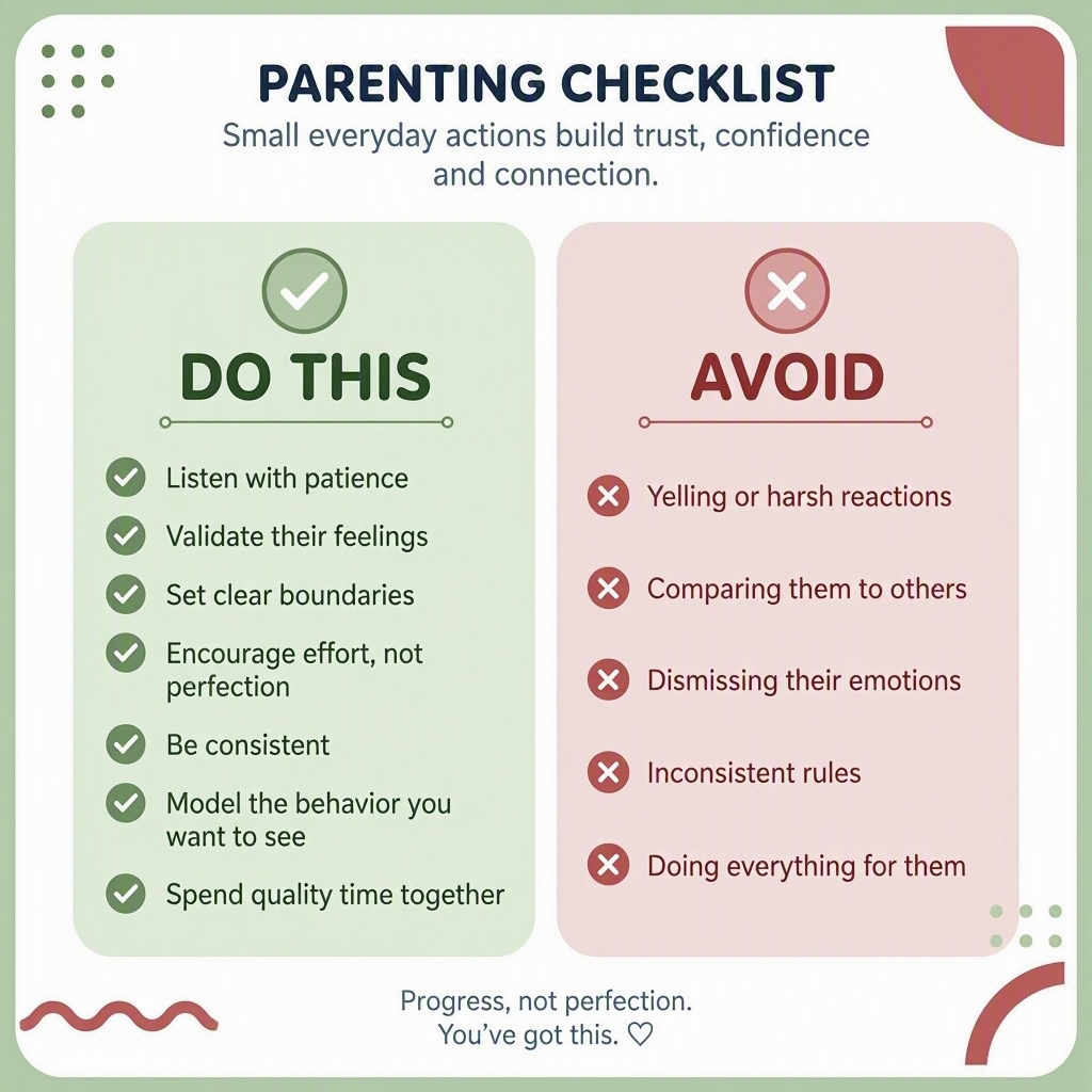 Infographic checklist comparing 7 things that make a toddler listen more versus 5 parenting habits that make behavior worse.