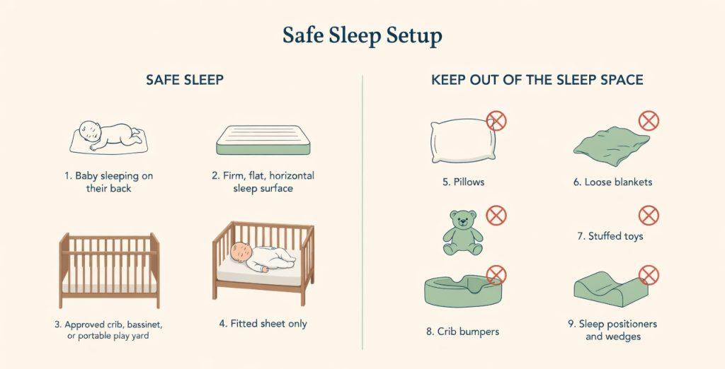 Safe sleep infographic showing a baby on their back on a firm flat surface with an empty crib